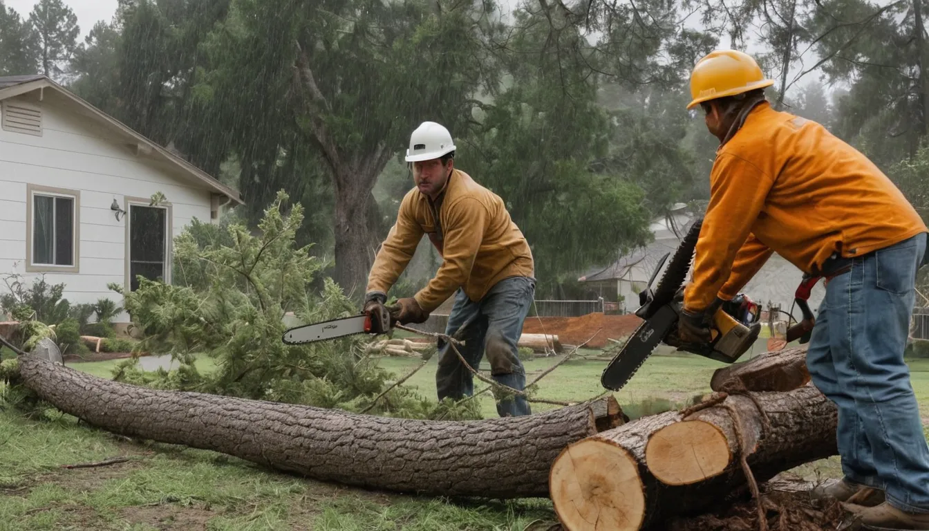 A local tree provider safely clearing a fallen tree from a home in Moreno Valley after a storm