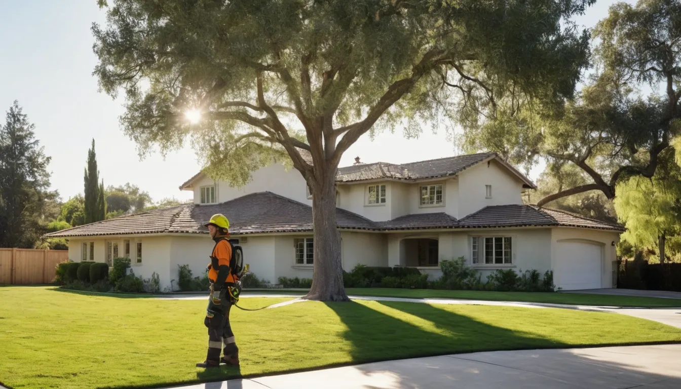 A friendly tree removal provider working on a backyard tree in Moreno Valley while a homeowner looks on