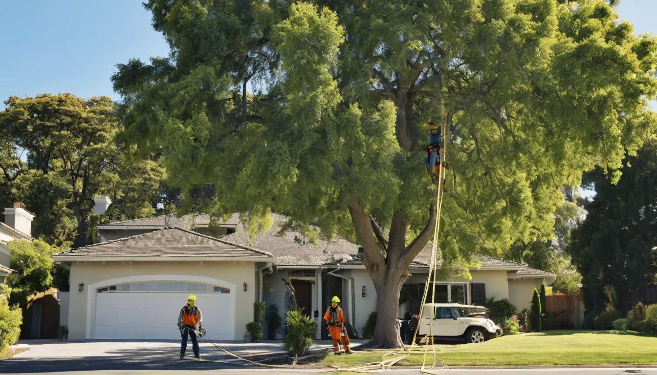 Local tree removal crew safely taking down a large tree beside a stucco ranch home in Moreno Valley